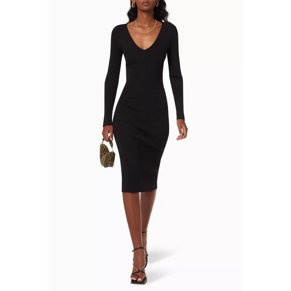 Jonathan Simkhai V-Neck Ribbed Stretchy Black Midi Dress Long Sleeve Cocktail - Picture 5 of 16